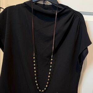 Long Beaded Lariat Necklace in Olive Green and Brown